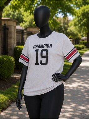 Champion Gray Graphic Tee with Red and Black Sleeve Stripes